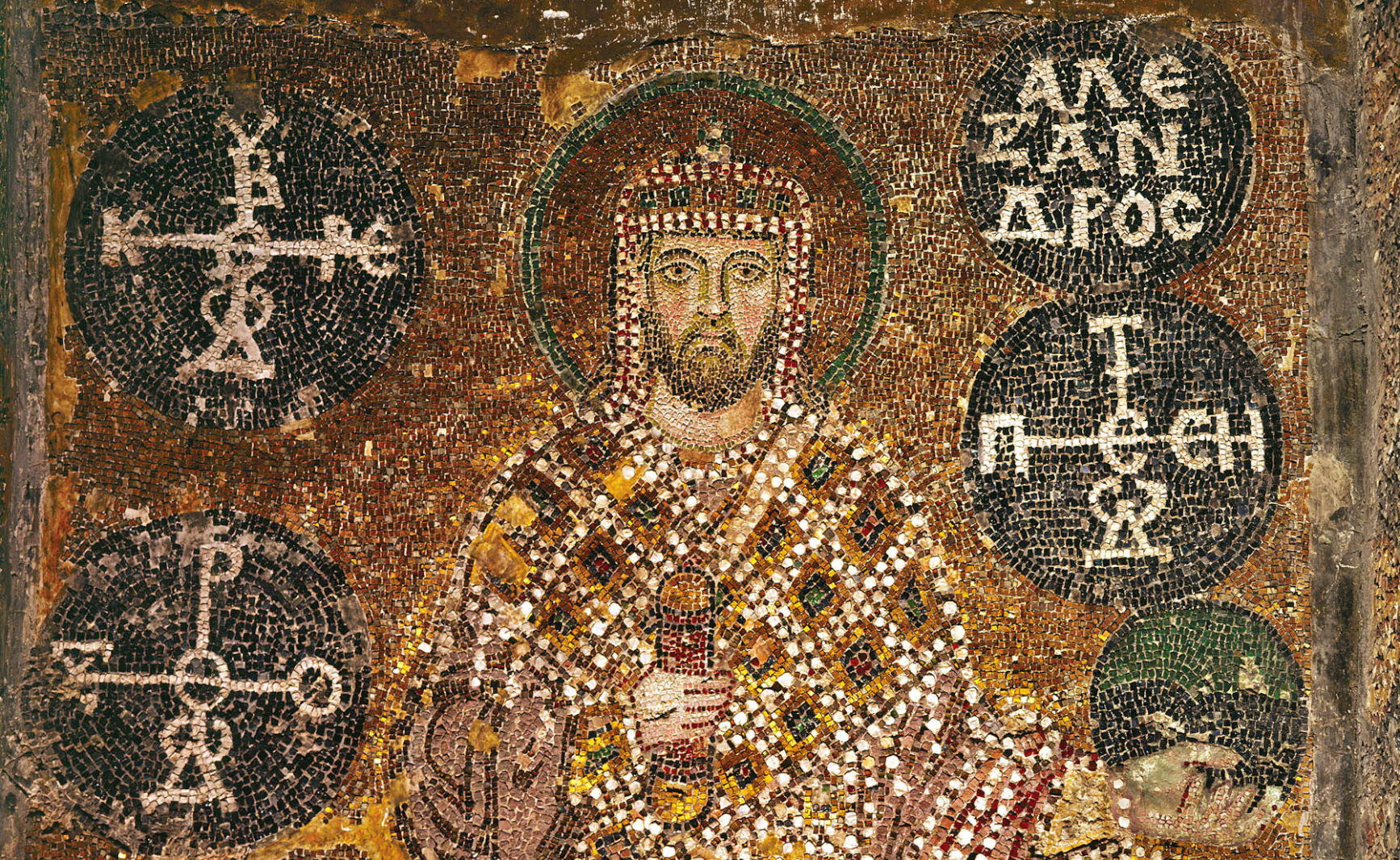 Emperor Alexander Mosaic in Hagia Sophia with Greek inscriptions and imperial regalia