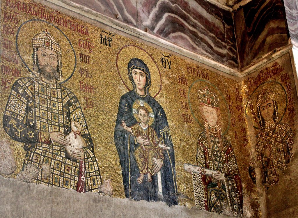 Comnenus Mosaic showing Virgin Mary with Christ Child between Emperor John II and Empress Irene