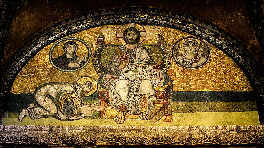 Imperial Door Mosaic showing Emperor Leo VI prostrating before Christ with Virgin Mary and Archangel Gabriel medallions